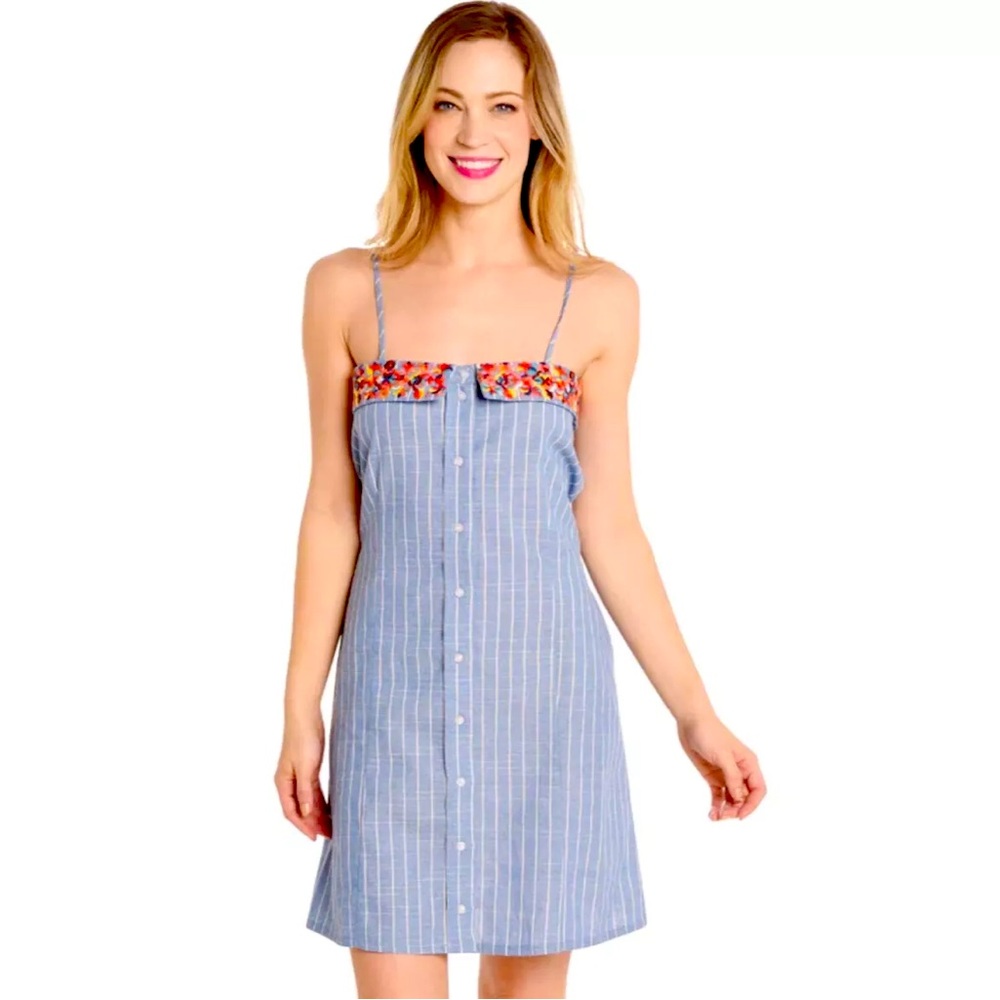 Anthropologie THML Striped Button Down Embroidery Mini Dress Size M